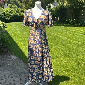 VINTAGE  Blue and Yellow Flower Flutter Sleeve V-Neck Sundress